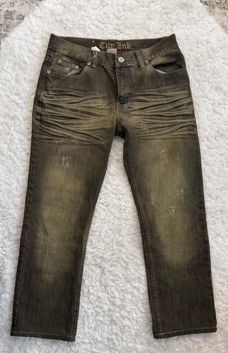 City Ink Vintage Brown Wash Distressed Denim Jeans with Embroidered Back Pockets